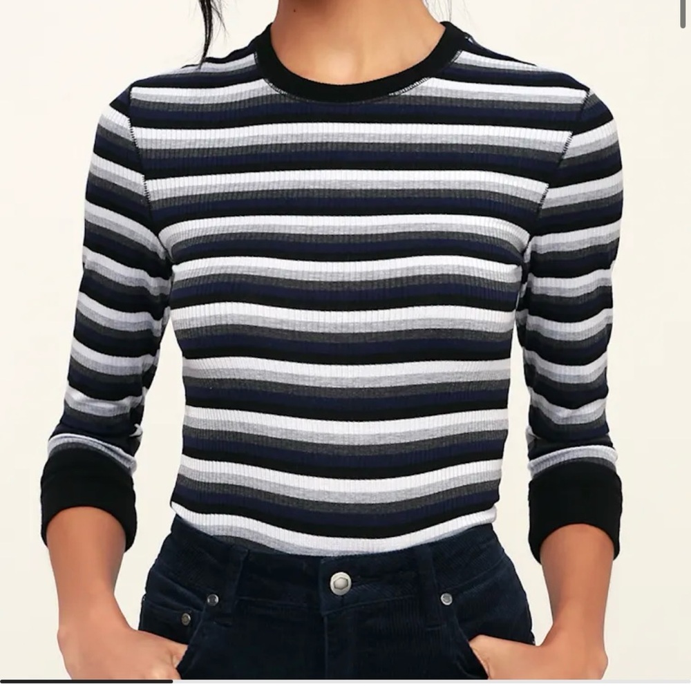 FREE PEOPLE Good on You Grey Multi Striped Three Quarter Sleeve Tee